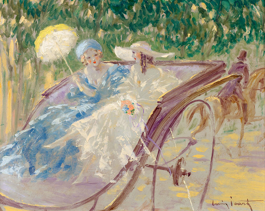 900x718 Two Fashionable Young Women In An Open Carriage Painting By Louis - Icart Painting