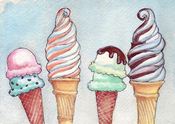 570x404 Ice Cream Cones Watercolor Painting Print - Ice Cream Cone Painting