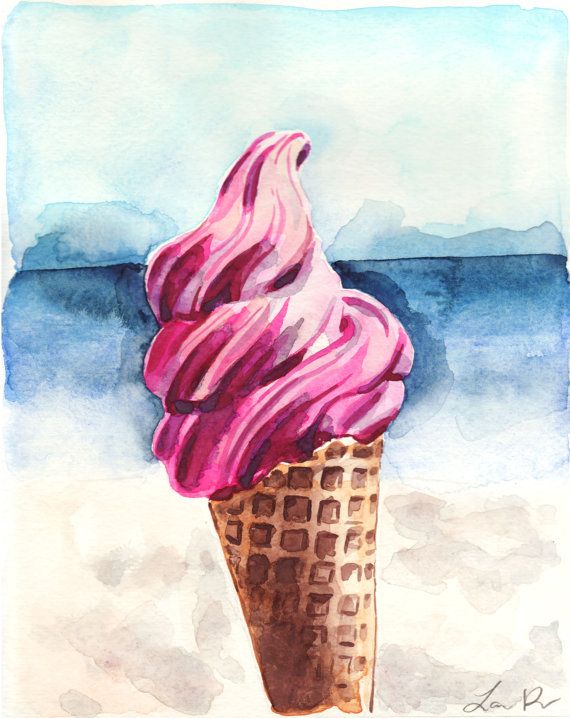 570x718 Pink Ice Cream Art Beach Art Original Watercolor Painting - Ice Cream Painting