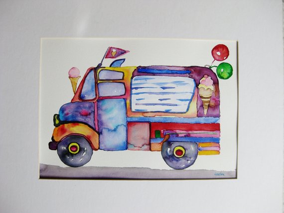570x428 Ice Cream Truck Watercolor Painting Original Watercolor - Ice Cream Truck Painting