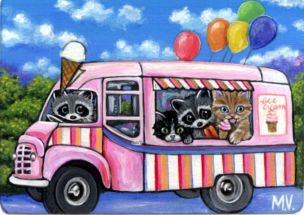 1000x707 Original Raccoon Kitten Classic Ice Cream Truck Summer Friends Fun - Ice Cream Truck Painting