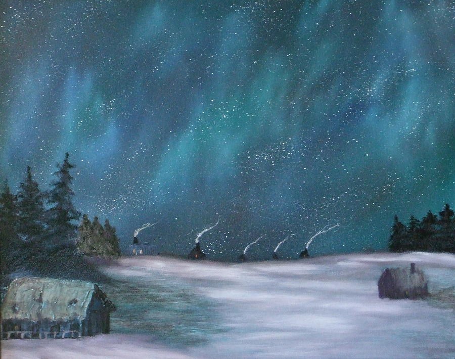 900x710 Ice Fishing Huts Painting By Rebecca Fitchett - Ice Fishing Painting