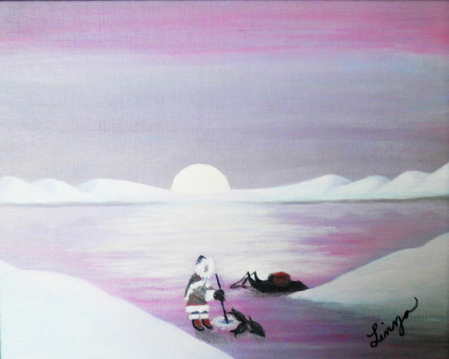900x720 Ice Fishing Painting By Linza - Ice Fishing Painting