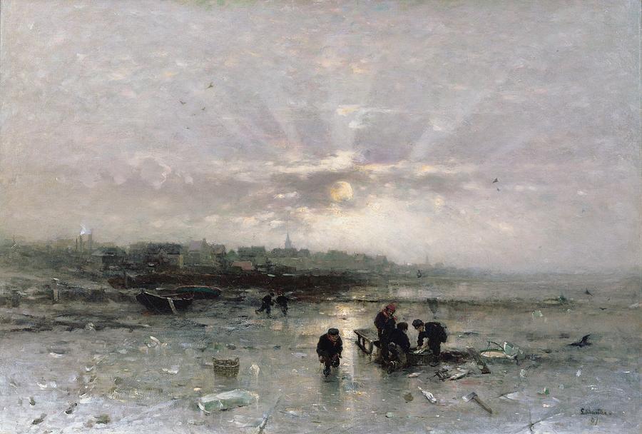 900x608 Ice Fishing Painting By Ludwig Munthe - Ice Fishing Painting