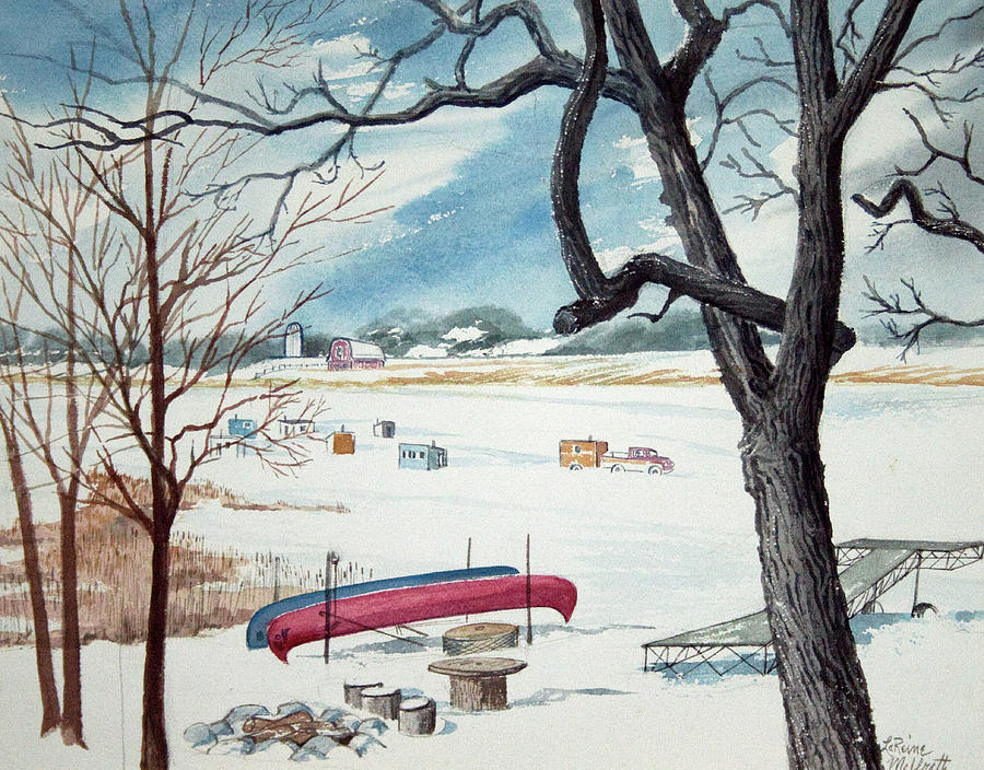 900x704 Ice Fishing Time Again Painting By Lareine Mcilrath - Ice Fishing Painting