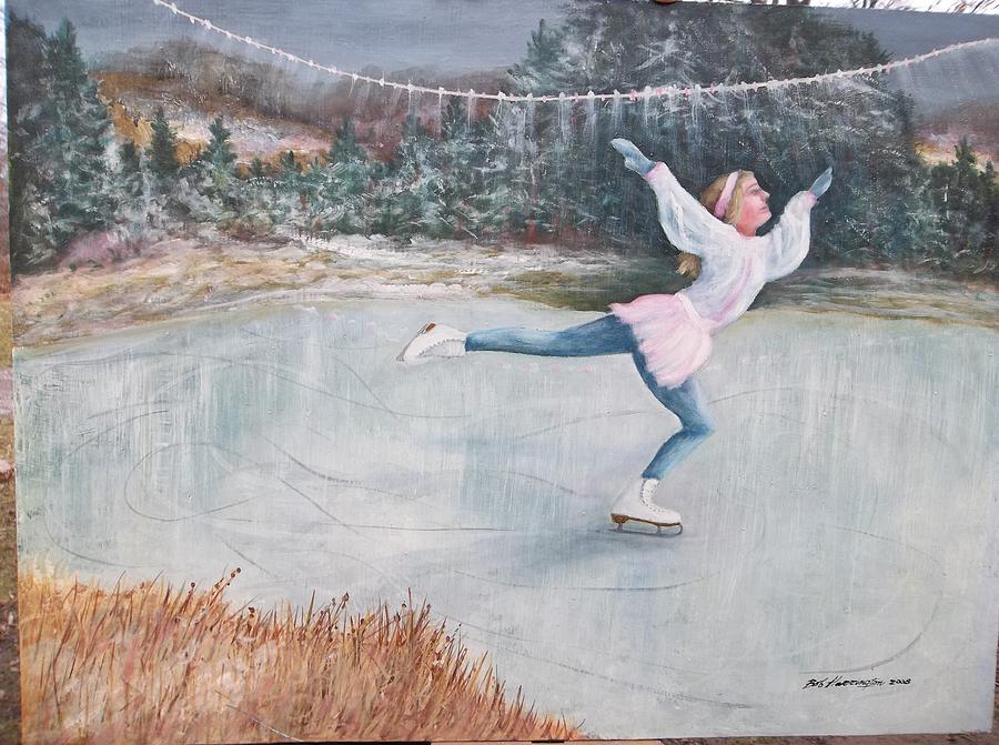 900x671 Night Ice Skater Painting By Robert Harrington - Ice Skating Painting