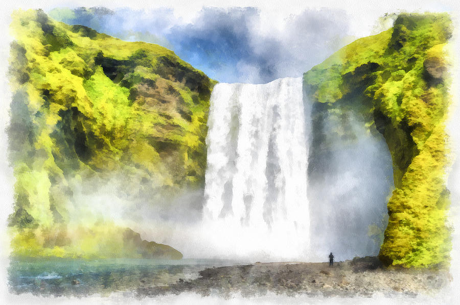 900x598 Skogafoss Waterfall Iceland Painting Aquarell Watercolor Painting - Iceland Painting