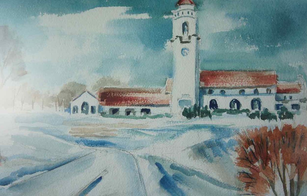 1023x655 Ruth Melichar Watercolor Painting, Boise Union Pacific Railroad Depot, - Idaho Painting