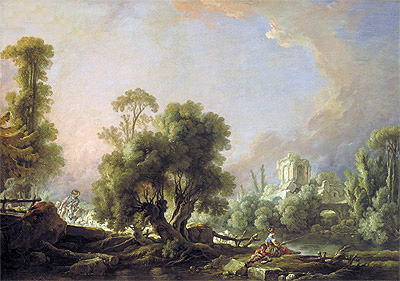 400x281 Idyllic Landscape With Woman Fishing Boucher Painting - Idyllic Painting
