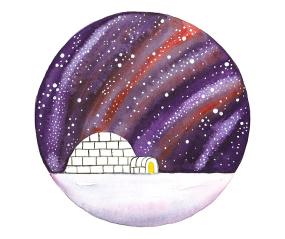 570x478 Original Watercolor Painting Igloo Under The Stars Arctic North - Igloo Painting
