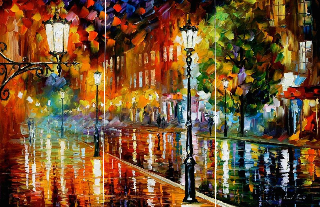 1340x869 Street Of Illusion Set Of 3 Paintings Palette Knife Oil Painting - Illusion Painting