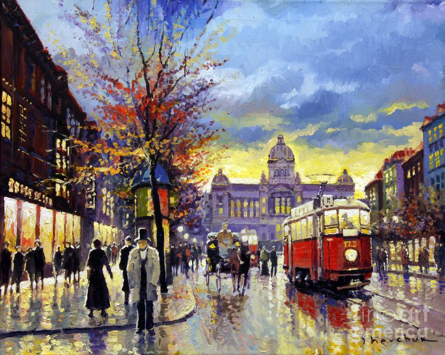 900x719 Prague Vaclav Square Old Tram Imitation By Cortez Painting By - Imitation Painting