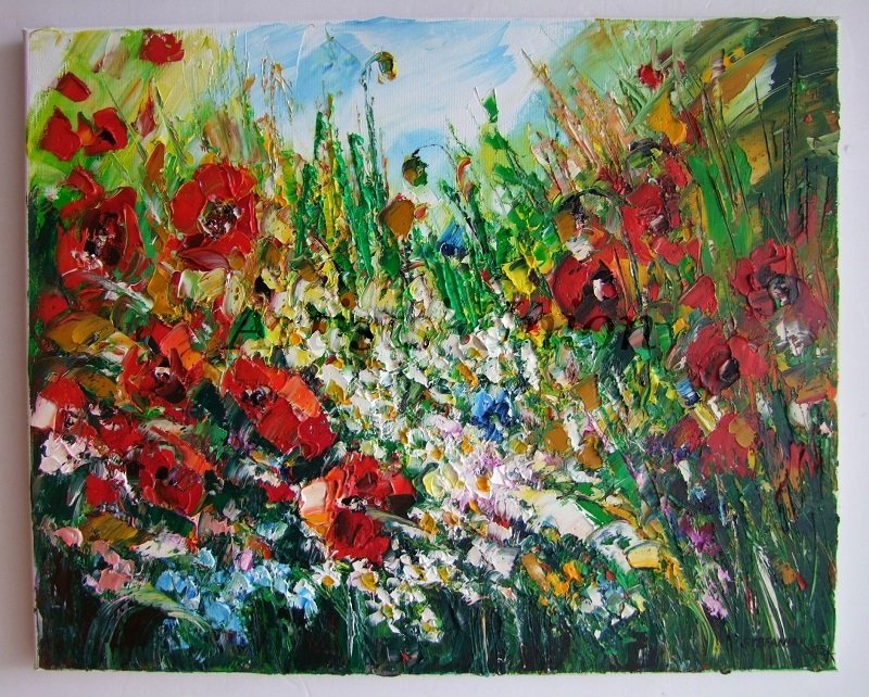 800x642 Red Poppies Meadow Original Oil Painting Impasto Palette Knife Art - Impasto Oil Painting