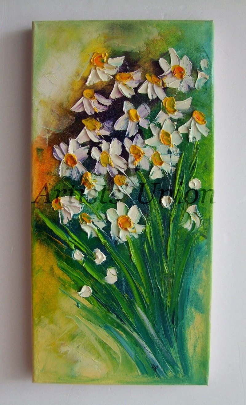 800x1316 Daisies Original Oil Painting Palette Knife White Flowers - Impasto Oil Painting