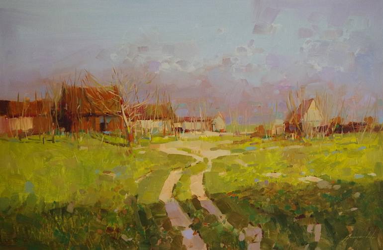 770x502 Saatchi Art Through The Village, Landscape Oil Painting - Impressionism Oil Painting