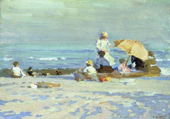 561x395 Impressionist beach paintings Edward Potthast, Beach Scene, C - Impressionist Beach Painting