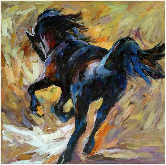 570x567 Signed Hand Painted Impressionist Black Horse Painting - Impressionist Horse Painting