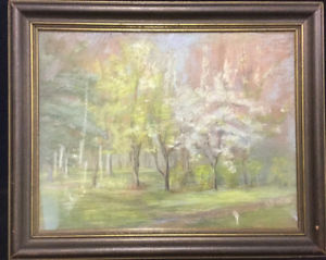 300x239 Antique European Post Impressionist Pastel Landscape Spring Birch - Impressionist Tree Painting
