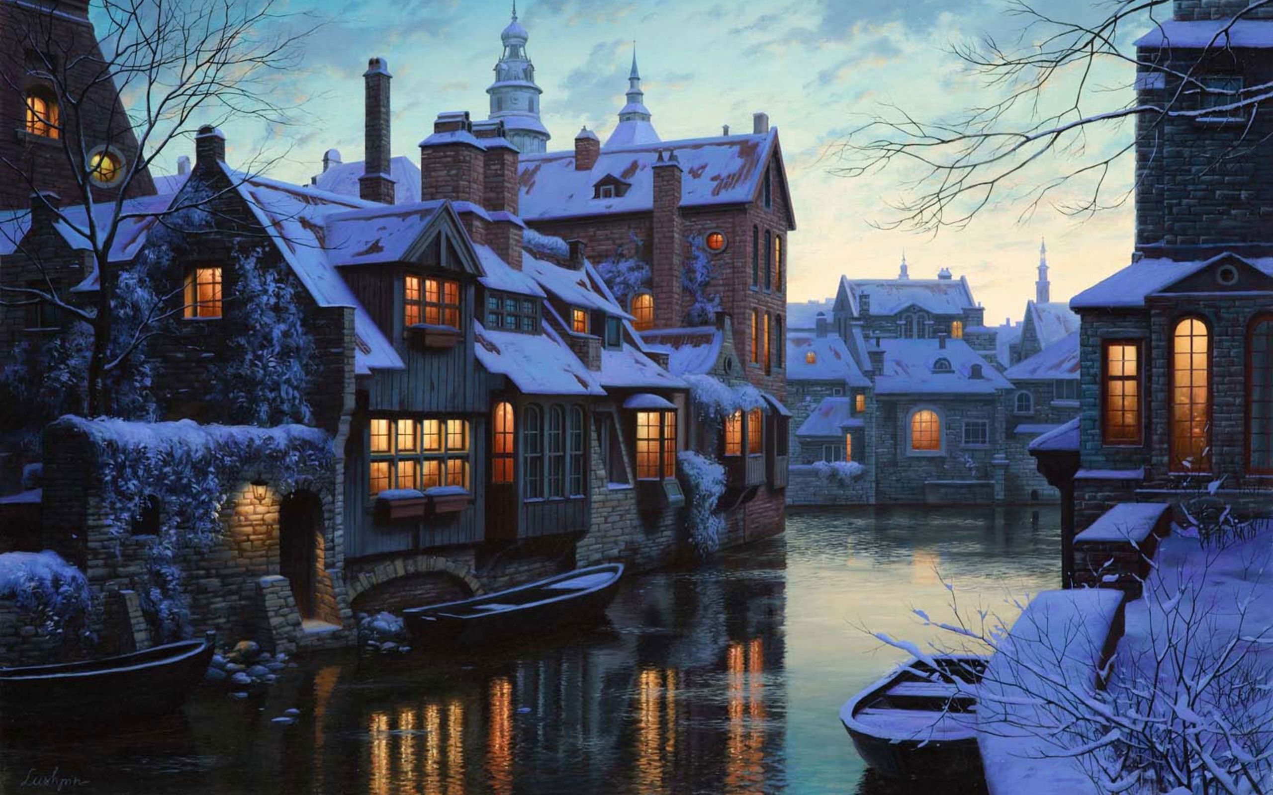 2560x1600 Download Wallpaper Eugene Lushpin, Twilight In Bruges, Painting - In Bruges Painting