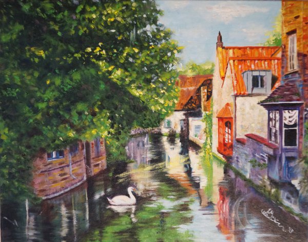 600x472 Bruges Canal Oil Painting Oil Painting By Artforthoughtdotorg - In Bruges Painting