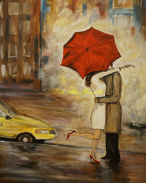 570x713 Couple Art Print Wall Art In Love Couple Kissing Cityscape - In Love Painting