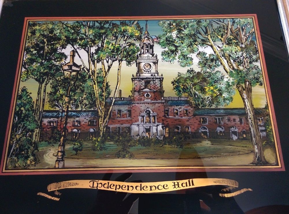 1000x740 Vintage Reverse Painting On Glass Framed Independence Hall - Independence Hall Painting