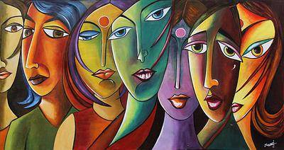 400x212 Indian Colorful Cubist Style Acrylic Painting Of Women - Indian Acrylic Painting