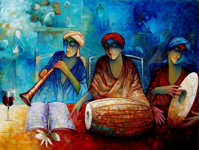 800x605 Indian Musicians Iii By Artist Ram Onkar Figurative Art - Indian Acrylic Painting
