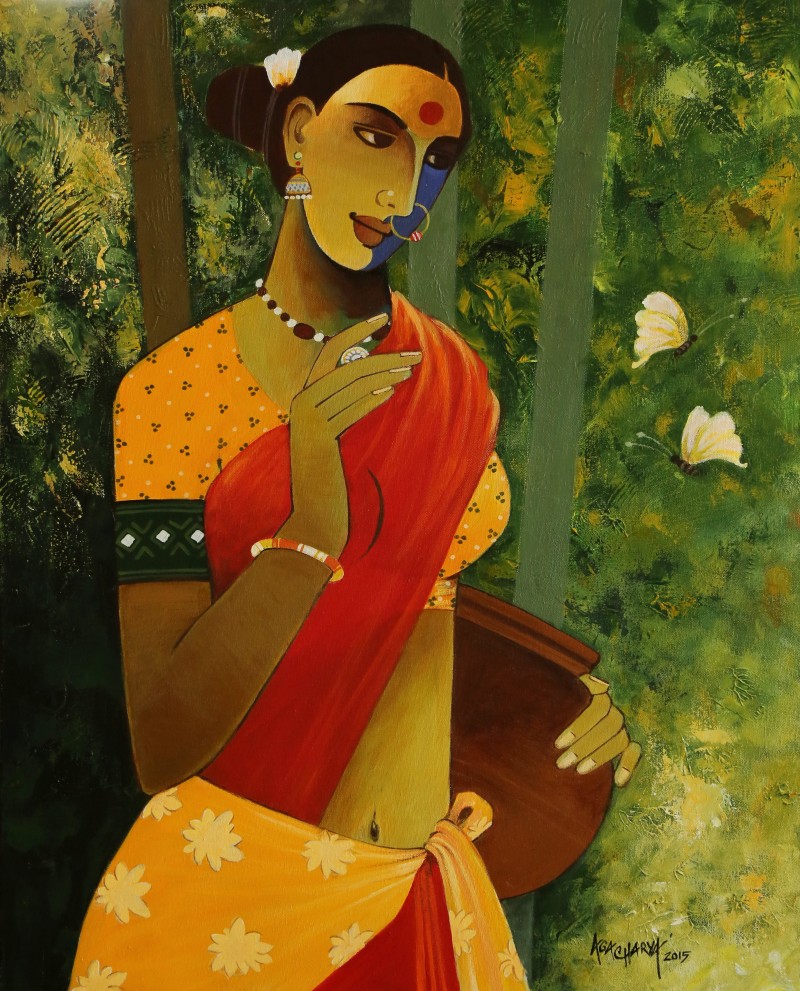 800x991 Indian Woman Iii By Artist Agacharya A Figurative Art Acrylic - Indian Acrylic Painting