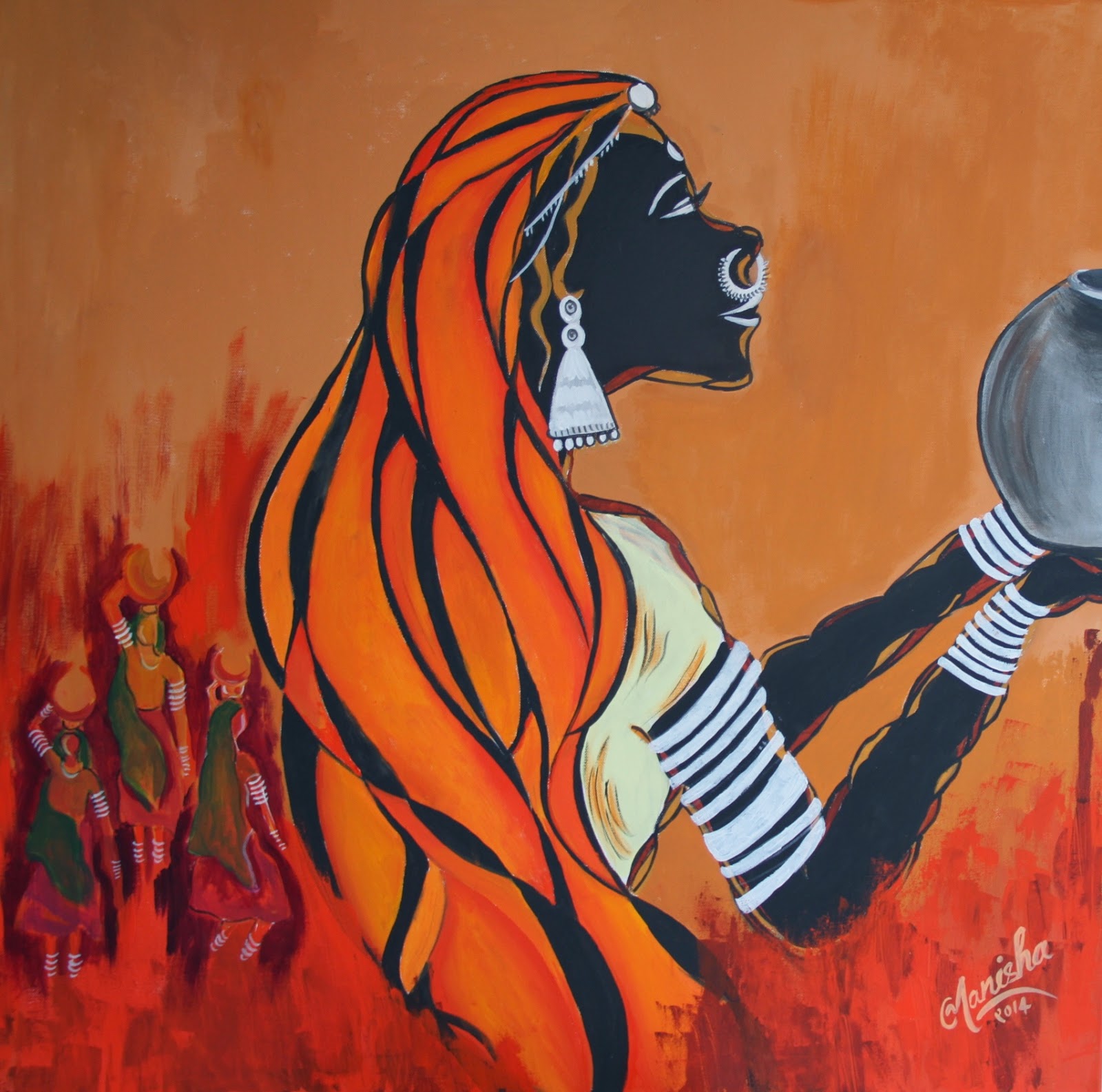1600x1585 An Unending Adventure In Art Gavlan .a Lady Fetching Water - Indian Acrylic Painting