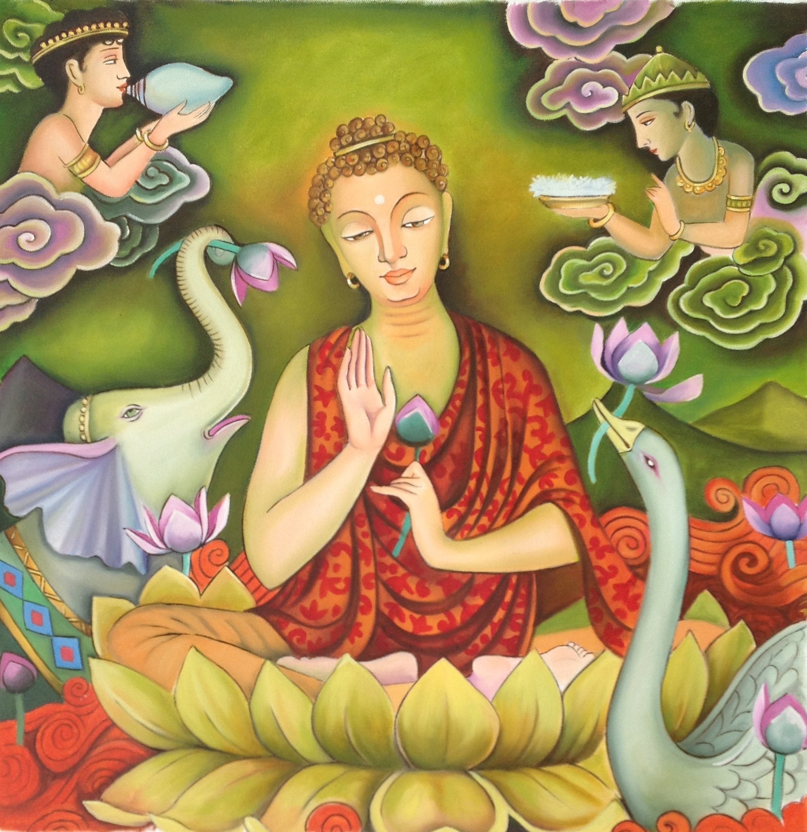 1664x1715 Buddha Wall Decor Art Handmade Indian Buddhist Oil On Canvas - Indian Buddha Painting