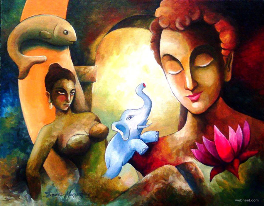 900x703 Buddha Indian Paintings By Mukherjee 6 - Indian Buddha Painting