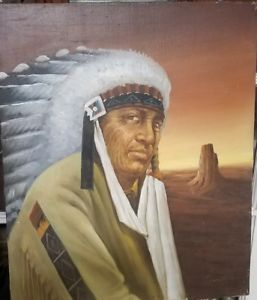 257x300 Indian Chief W Feather Headdress Signed Oil Painting - Indian Chief Oil Painting