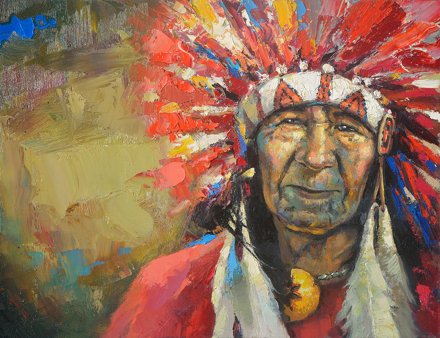 900x692 The Indian Chief Painting By Dmitry Spiros - Indian Chief Oil Painting