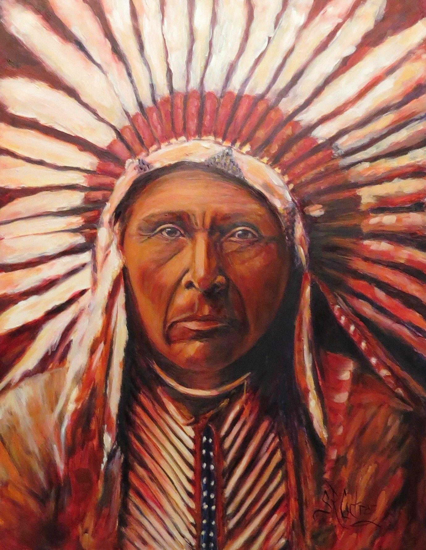 1380x1782 Three Horses, An Oil Painting By Sandra Cutrer Of Edward S. Curtis - Indian Chief Oil Painting