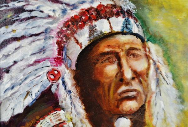 600x406 Framed Oil On Board Signed Painting Portrait Of Native American - Indian Chief Painting