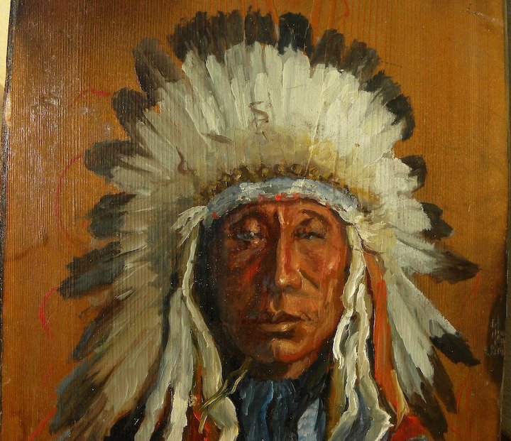 720x621 Native American Art 1974 Painting Of Indian Chief By Montana - Indian Chief Painting