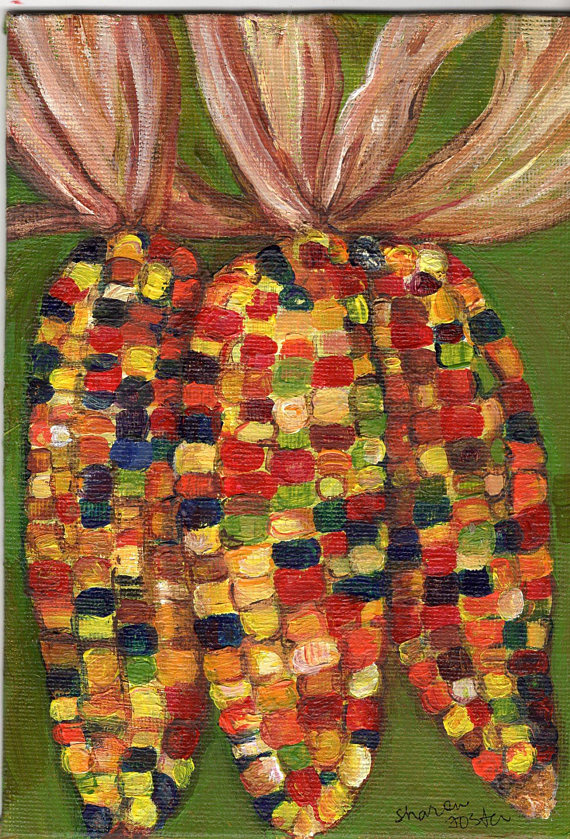 570x839 Indian Corn Acrylic Painting Original Fall Autumn Art 5 X 7 - Indian Corn Painting