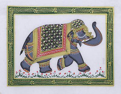 400x310 Grey Royal Indian Elephant Signed Miniature Painting On Silk - Indian Elephant Painting