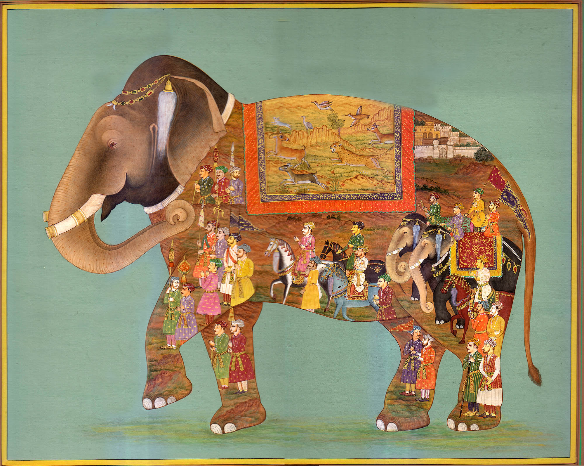 2000x1595 Elephant Painted With Royal Procession And Wild Life Scene - Indian Elephant Painting