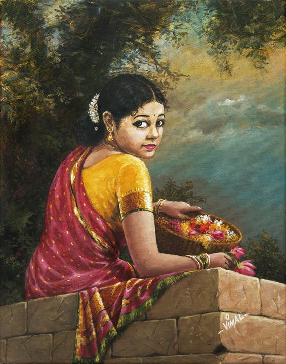 565x720 Indian Lady With Flower Basket - Indian Girl Painting