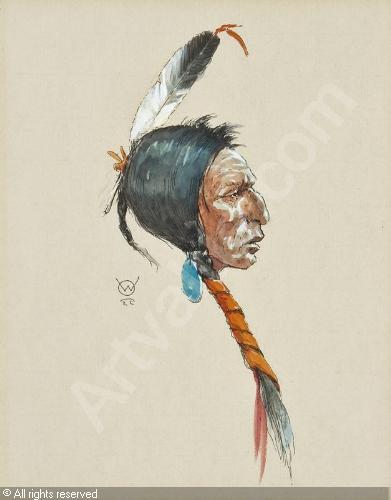 391x500 Indian Head In Profile Sold By Altermann Galleries, Santa Fe, - Indian Head Painting