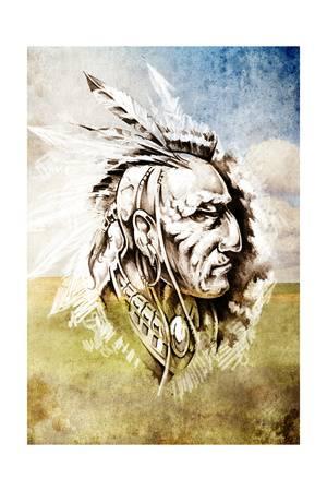 300x450 Sketch Of Tattoo Art, Indian Head Over Crop Field Background Art - Indian Head Painting