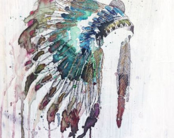340x270 Free Spirit Print Of Original Watercolor Painting Native - Indian Headdress Painting