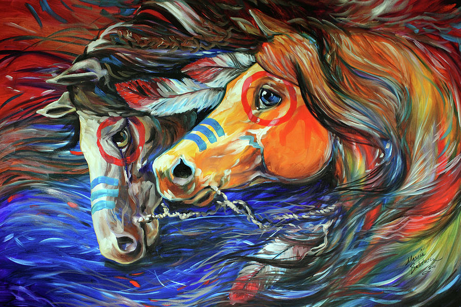 900x600 Three Feathers Indian War Ponies Painting By Marcia Baldwin - Indian Horse Painting