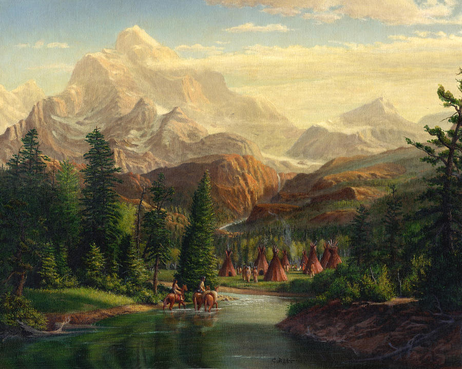 900x720 Indian Village Trapper Western Mountain Landscape Oil Painting - Indian Landscape Painting