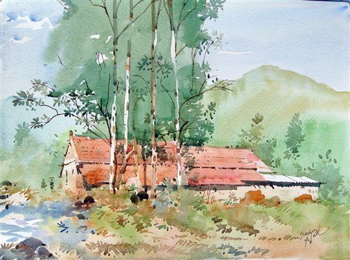 500x371 Indian Watercolor Landscape Paintings - Indian Landscape Painting