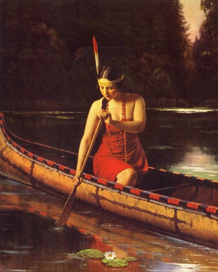 736x920 Indian Maiden Paddling A Canoe By L Goddard Painting In Oil For Sale - Indian Maiden Painting