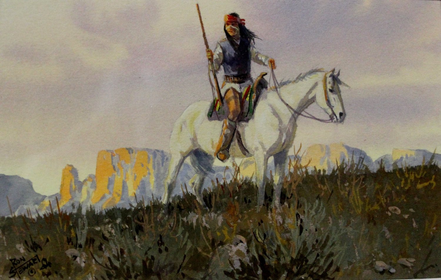 1500x951 Ron Stewart Mounted Indian, Water Color Painting, - Indian On A Horse Painting