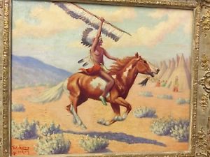 300x225 Artist Emil Lenders 101 Ranch Oklahoma Oil Painting Indian - Indian On A Horse Painting